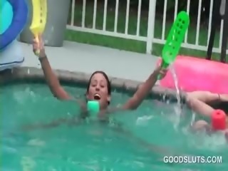 Teen curly blonde fucked hardcore at a pool orgy